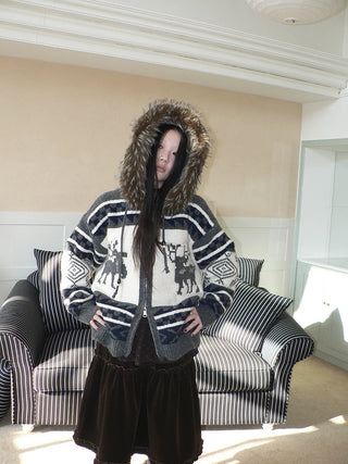 Online Exclusive Vintage Loose Fit Hooded Striped Print Cropped Zip Women Jacket