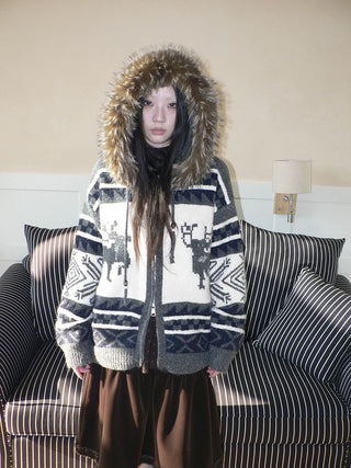 Online Exclusive Vintage Loose Fit Hooded Striped Print Cropped Zip Women Jacket