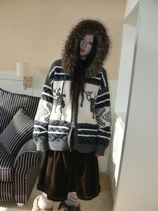 Online Exclusive Vintage Loose Fit Hooded Striped Print Cropped Zip Women Jacket