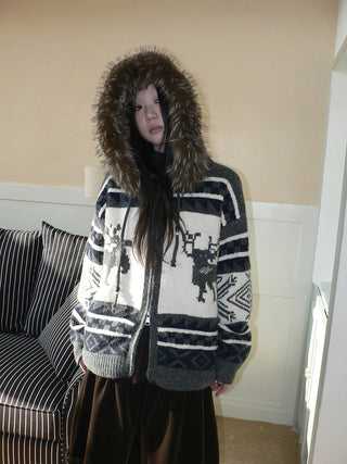 Online Exclusive Vintage Loose Fit Hooded Striped Print Cropped Zip Women Jacket