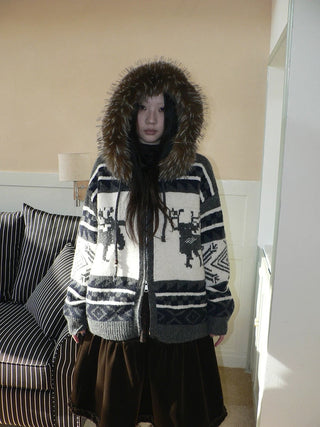 Online Exclusive Vintage Loose Fit Hooded Striped Print Cropped Zip Women Jacket