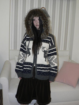 Online Exclusive Vintage Loose Fit Hooded Striped Print Cropped Zip Women Jacket