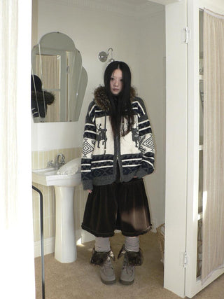 Online Exclusive Vintage Loose Fit Hooded Striped Print Cropped Zip Women Jacket