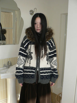 Online Exclusive Vintage Loose Fit Hooded Striped Print Cropped Zip Women Jacket