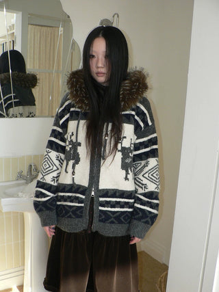 Online Exclusive Vintage Loose Fit Hooded Striped Print Cropped Zip Women Jacket