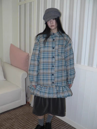 Padded Quilted Vintage Plaid Loose Womens Blue One Size Midi Skirt