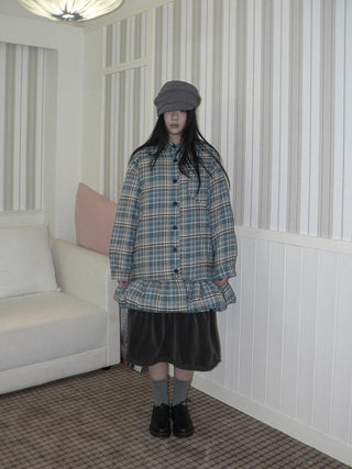 Padded Quilted Vintage Plaid Loose Womens Blue One Size Midi Skirt