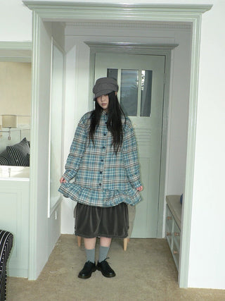 Padded Quilted Vintage Plaid Loose Womens Blue One Size Midi Skirt