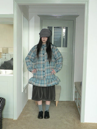 Padded Quilted Vintage Plaid Loose Womens Blue One Size Midi Skirt