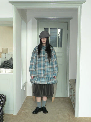 Padded Quilted Vintage Plaid Loose Womens Blue One Size Midi Skirt