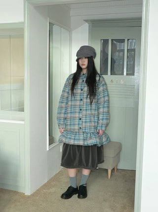 Padded Quilted Vintage Plaid Loose Womens Blue One Size Midi Skirt