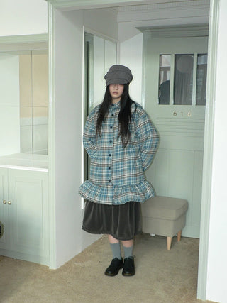 Padded Quilted Vintage Plaid Loose Womens Blue One Size Midi Skirt