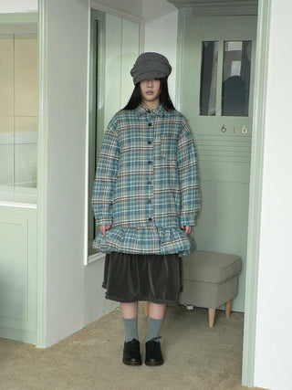 Padded Quilted Vintage Plaid Loose Womens Blue One Size Midi Skirt