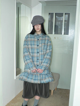 Padded Quilted Vintage Plaid Loose Womens Blue One Size Midi Skirt