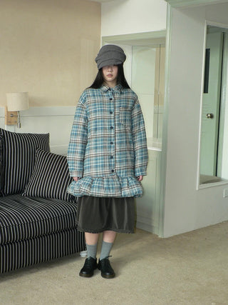 Padded Quilted Vintage Plaid Loose Womens Blue One Size Midi Skirt