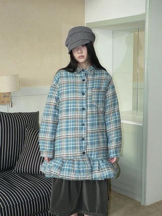 Padded Quilted Vintage Plaid Loose Womens Blue One Size Midi Skirt