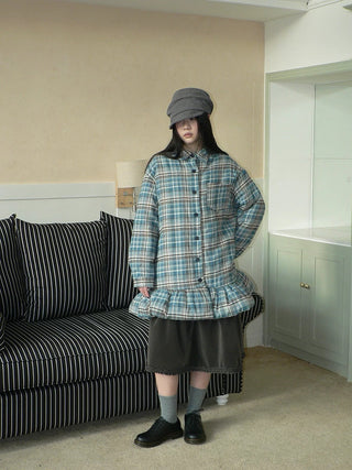 Padded Quilted Vintage Plaid Loose Womens Blue One Size Midi Skirt