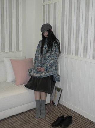 Padded Quilted Vintage Plaid Loose Womens Blue One Size Midi Skirt