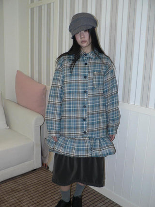 Padded Quilted Vintage Plaid Loose Womens Blue One Size Midi Skirt