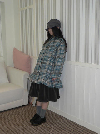 Padded Quilted Vintage Plaid Loose Womens Blue One Size Midi Skirt