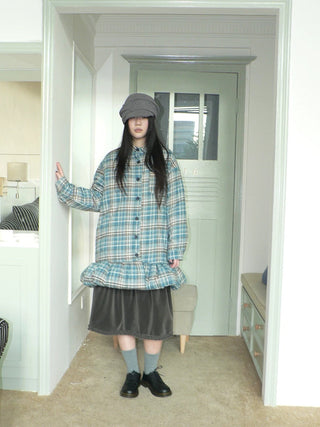 Padded Quilted Vintage Plaid Loose Womens Blue One Size Midi Skirt