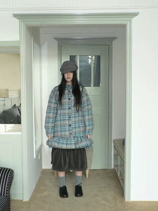 Padded Quilted Vintage Plaid Loose Womens Blue One Size Midi Skirt