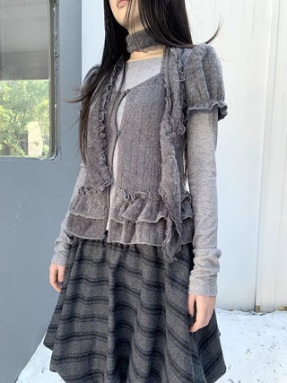 Plaid Puff Sleeve Ruffle Cropped Slim Vintage Two Piece Women T-Shirt