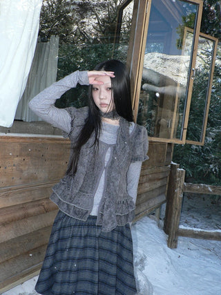 Plaid Puff Sleeve Ruffle Cropped Slim Vintage Two Piece Women T-Shirt