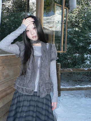 Plaid Puff Sleeve Ruffle Cropped Slim Vintage Two Piece Women T-Shirt