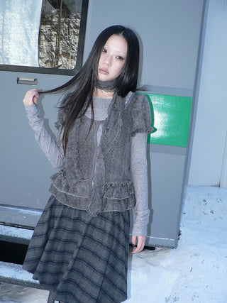 Plaid Puff Sleeve Ruffle Cropped Slim Vintage Two Piece Women T-Shirt