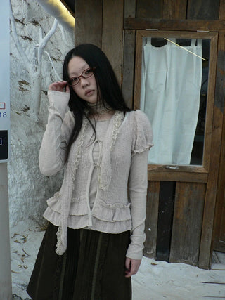 Plaid Puff Sleeve Ruffle Cropped Slim Vintage Two Piece Women T-Shirt