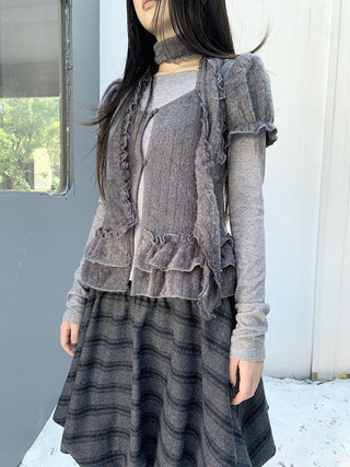 Plaid Puff Sleeve Ruffle Cropped Slim Vintage Two Piece Women T-Shirt