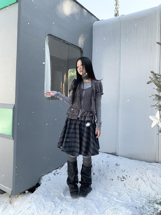 Plaid Puff Sleeve Ruffle Cropped Slim Vintage Two Piece Women T-Shirt