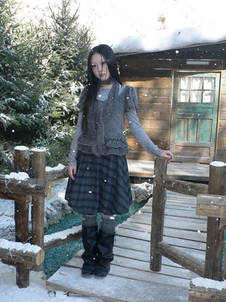 Plaid Puff Sleeve Ruffle Cropped Slim Vintage Two Piece Women T-Shirt