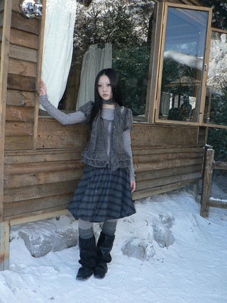 Plaid Puff Sleeve Ruffle Cropped Slim Vintage Two Piece Women T-Shirt