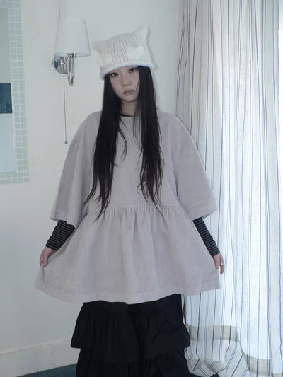 Pleated Corduroy Loose Korean Mid Length Crew Neck Women Light Gray T-Shirt
