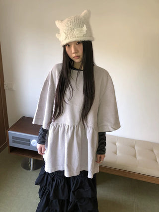 Pleated Corduroy Loose Korean Mid Length Crew Neck Women Light Gray T-Shirt