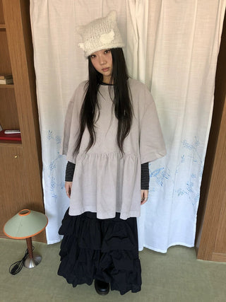 Pleated Corduroy Loose Korean Mid Length Crew Neck Women Light Gray T-Shirt