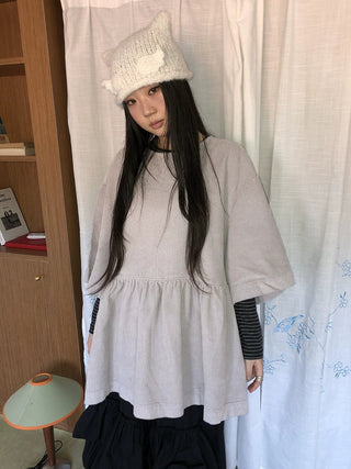 Pleated Corduroy Loose Korean Mid Length Crew Neck Women Light Gray T-Shirt