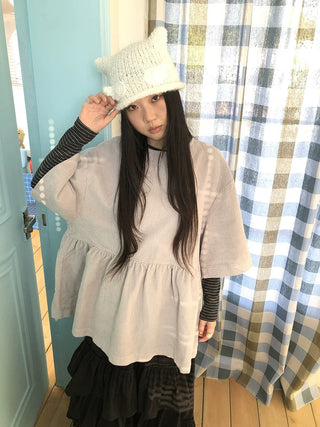 Pleated Corduroy Loose Korean Mid Length Crew Neck Women Light Gray T-Shirt