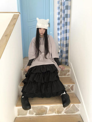 Pleated Corduroy Loose Korean Mid Length Crew Neck Women Light Gray T-Shirt