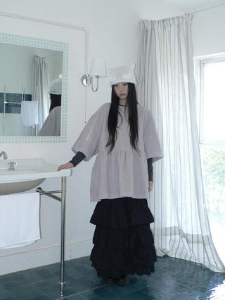 Pleated Corduroy Loose Korean Mid Length Crew Neck Women Light Gray T-Shirt