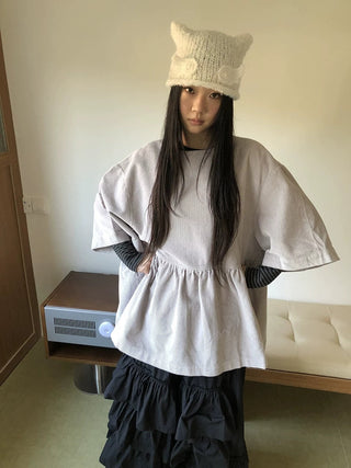 Pleated Corduroy Loose Korean Mid Length Crew Neck Women Light Gray T-Shirt