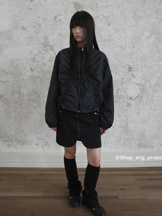 Pleated Drawstring Zipper Long Sleeve Jacket