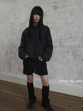 Pleated Drawstring Zipper Long Sleeve Jacket