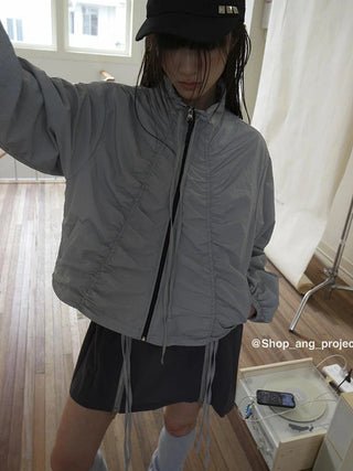 Pleated Drawstring Zipper Long Sleeve Jacket