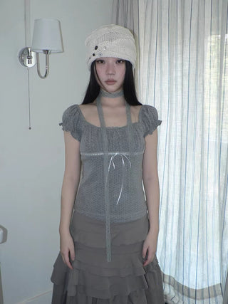 Pleated Polka Dot Puff Sleeve Square Neck Cropped Slim Korean Women T-Shirt