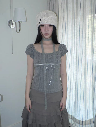 Pleated Polka Dot Puff Sleeve Square Neck Cropped Slim Korean Women T-Shirt