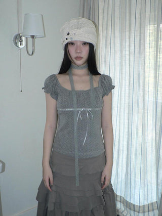 Pleated Polka Dot Puff Sleeve Square Neck Cropped Slim Korean Women T-Shirt