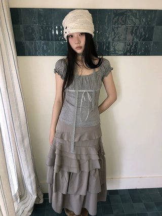 Pleated Polka Dot Puff Sleeve Square Neck Cropped Slim Korean Women T-Shirt